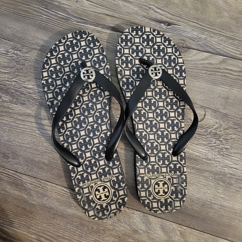 Tory Burch Black and Cream Monogram Logo Print Flip Flops Size 8